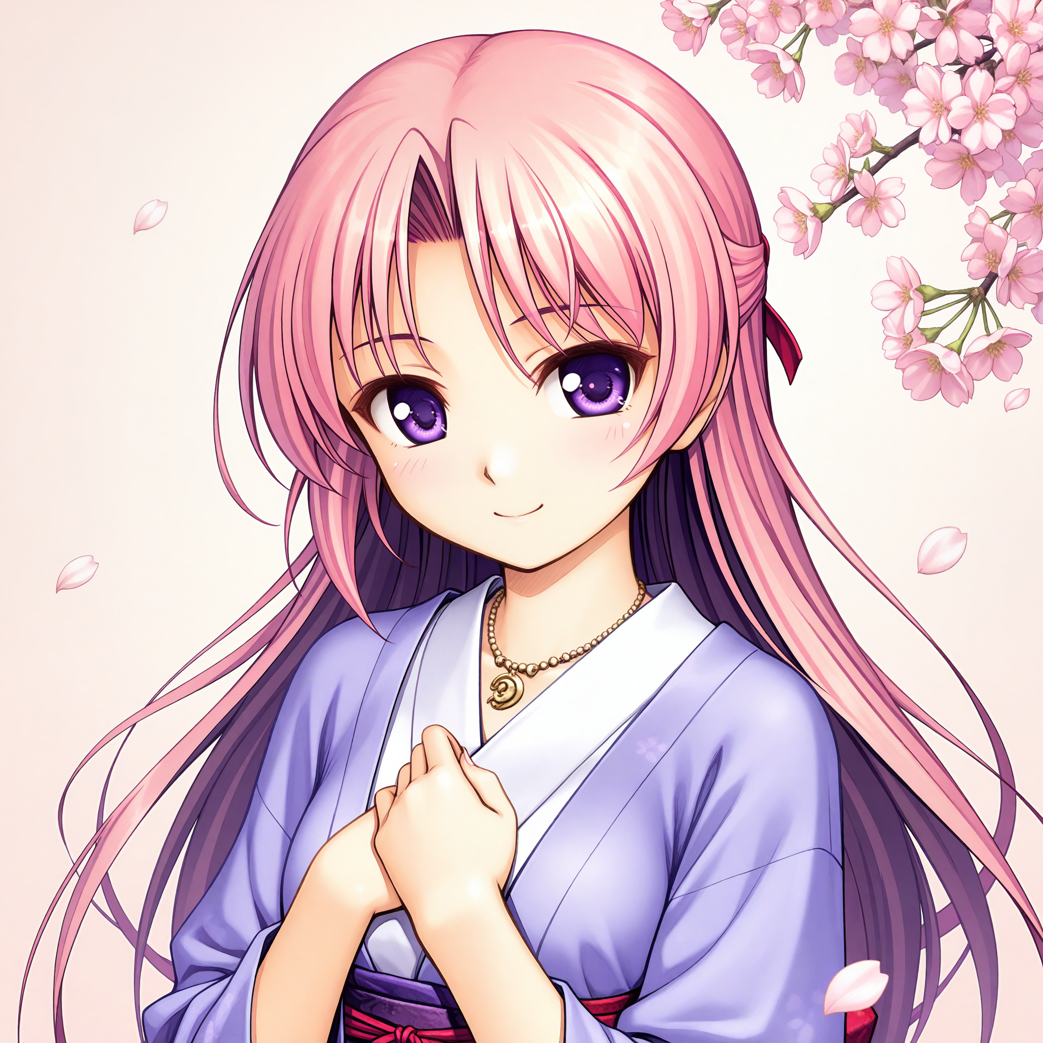 <lora:August_art_n16c16_nai_loha_2:1>,August art,
August art,1girl,solo,pink hair,long hair,purple eyes,smile,japanese clothes,jewelry,necklace,looking at viewer,upper body,simple background,cherry blossoms,petals,falling petals,hands on own chest,