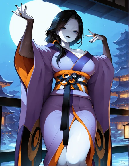 perfect quality, best quality, masterpiece, 1girl, solo, mature female, east asian architecture, moonlight,
<lora:uwakubo:1> uwakubo, white skin, black lips, black nails, blue eyes, black hair,
purple kimono, obi, layered kimono, bridal gauntlets,
smile, noeyebrow_\(mauve\)