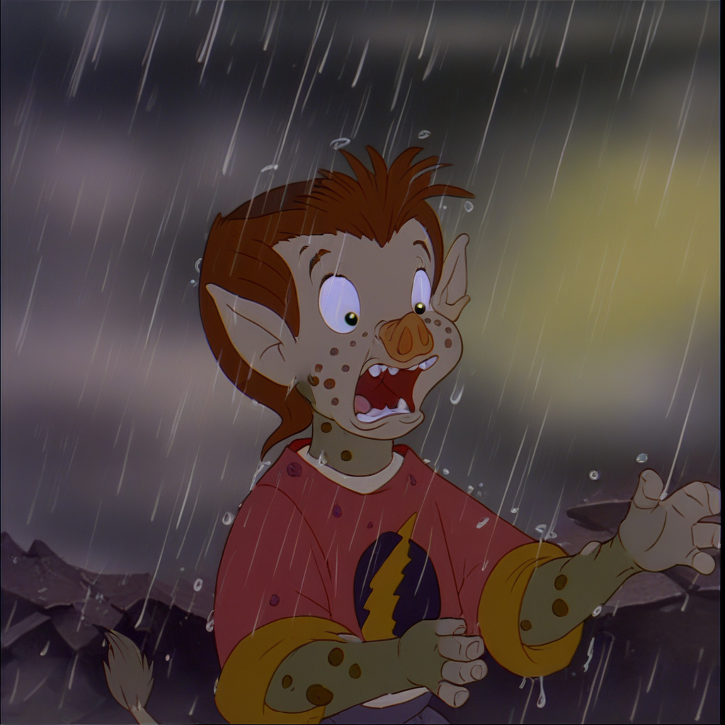 gustroll, 1boy, troll, brown hair, freckles, green eyes, white undershirt, red shirt with yellow bolt, tail, shocked, rain, <lora:Gus_A_Troll_In_Central_Park:1>