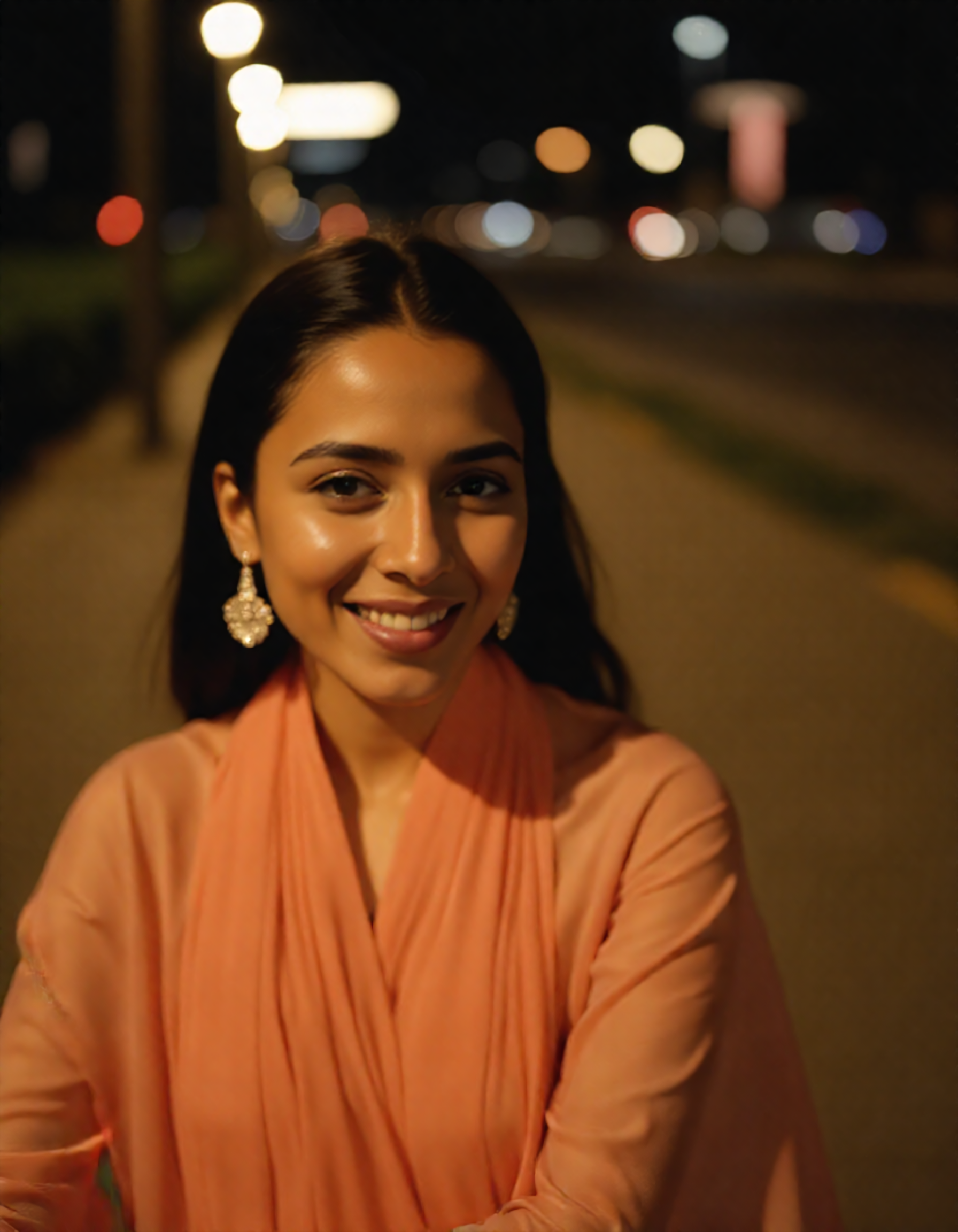 night-time close_up photo of a well dressed desi_light woman, wearing light-Orange colored Kashmiri Pashmina Suit, happy,solo focus, city light in background bokeh , cinematic soft lightingâââ,ââ <lora:Desi_Coffee_Flux_Kohya_LoHa_v2:0.8>âââ