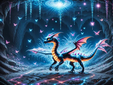 score_9,score_8_up,score_7_up, sorce_real, 8k, hd, a cute creature, mixed of a black dragon and a bat, cute and mischievous, black skin, purple details, neon colored glowing particles in the creatures black skin, black skin with neon pink bioluminescence, cinematic light, looking at viewer, dark, nigh, mysterious atmosphere, floating hearts, flies through a dark stalactite cave at night, bioluminescent icicles on the walls, everything is shrouded in darkness. <lora:SDXLFaeTastic2400:0.5>, cave by Jed-Cosmos <lora:Jed-Cosmos-sdxl:1> <lora:ral-swarcrystl-sdxl:0.8> multicolored gemstones made of ral-swarcrystl