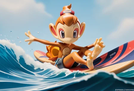 score_9, score_8_up, Score_7_up, score_6_up, score_5_up, Chimchar, Pokemon (creature), monkey, surfing, water, feet on surfboard, 3 toes, peach colored feet, foot focus, feet style, foot style