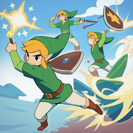 masterpiece, best quality, <lora:age_slider_v4:4>,detailed_background,outdoors,green shirt,uzucake,sword,looking to the side,kicking,lying,closed mouth,link,dizzy,male focus,@ @,conductor baton,green hat,belt buckle,bruise,toon link,long sleeves,closed eyes,arms up,flying kick,running,outstretched arm,sweat,falling,clenched teeth,pants,pointy ears,weapon on back,jumping,standing,boots,white pants,holding,belt,brown belt,bruise on face,the legend of zelda: the wind waker,shield,teeth,buckle,injury,tunic,swept bangs,sitting,motion lines,standing on one leg,head tilt,star \(symbol\),blonde hair,open mouth,sweatdrop,layered clothes,on stomach,shirt,the legend of zelda,nintendo,dust cloud,holding baton,electricity,green tunic,hat,hair intakes,sideways glance,weapon,1boy,sparkle,hand to own mouth,brown footwear,dot nose