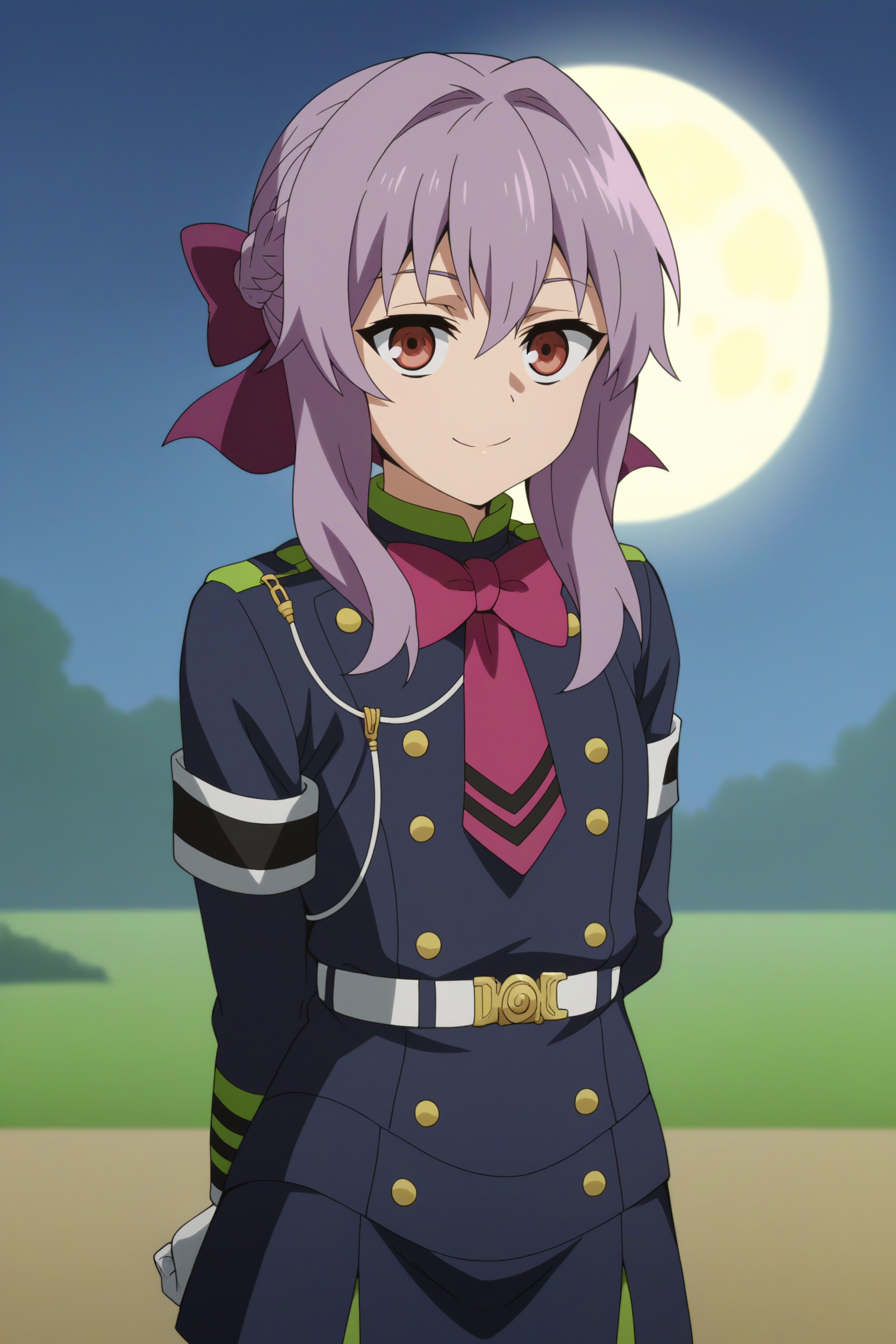 1girl,solo,shinoa hiragi,gloves,long hair,white gloves,uniform,military,braid,purple bow,looking at viewer,arms behind back,smile,outdoors,night time,moon,crossed arms,looking at viewer,cowboy shot <lora:Shinoa_Hiragi_-_Owari_No_Seraph.safetensors:0.8>