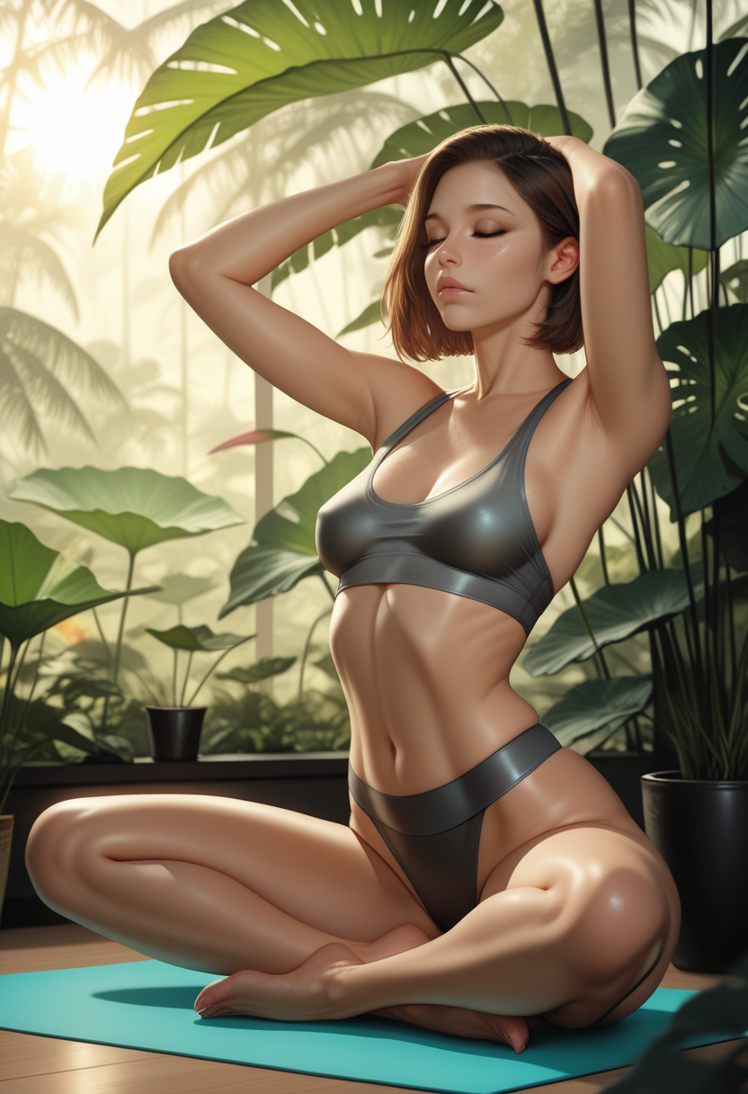 best quality,absurdres,very detailed,realistic,backlighting,
Tuul1 woman,full body,
sexy yoga clothes,in yoga studio,in tropical jungle,
low light,
lotus pose,eyes closed,calm,
morning,dim light,