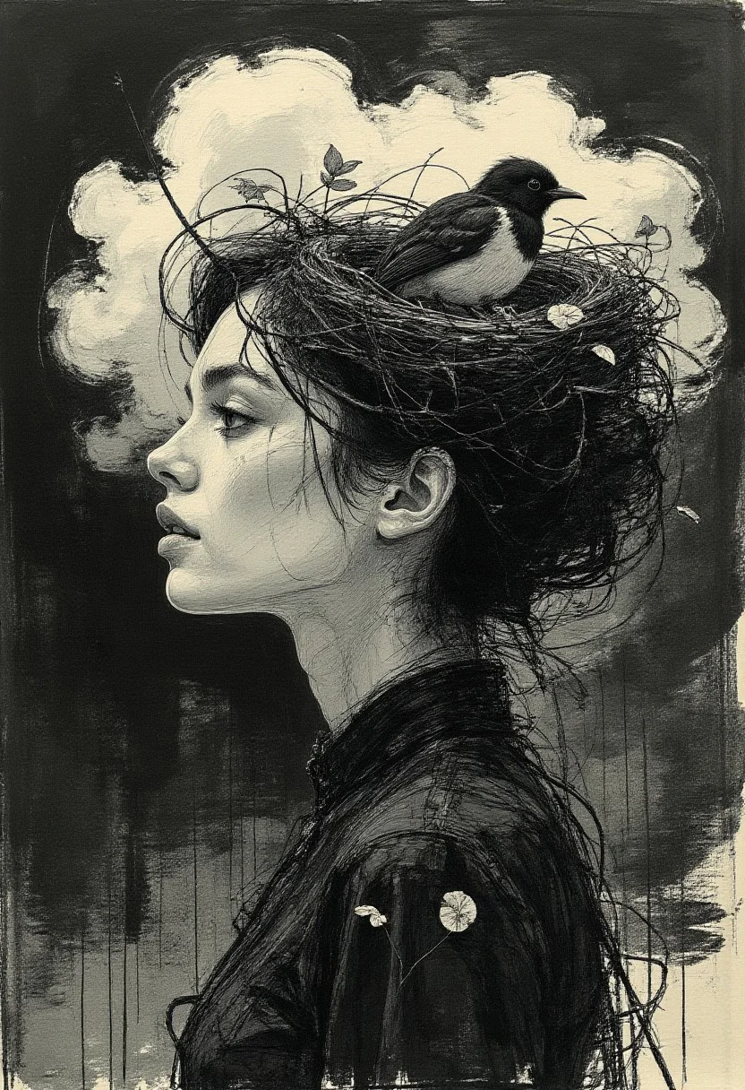 A woman stands in side profile, her face calm and mysterious. Her dress is made of thin, black twigs, woven together like fabric but keeping their rough, natural shape. Some twigs stick out, as if caught by the wind. Pale leaves grow in small patches, adding a soft contrast to the dark texture. The dress flows around her, drawn in deep charcoal strokes, blending rough and smooth shading like Japanese ink art.
Her hair is shaped into a large bird’s nest, each strand layered with careful brushstrokes. The nest looks both natural and surreal, merging into her form. A single bird perches inside, its feathers drawn with delicate ink lines, standing out against the dark tones.
The background is a vast black space with swirling ink-like textures. A single, large cloud floats behind her, painted with soft, fading brushstrokes. It appears light and dreamlike, its edges blending into the darkness. The mix of charcoal depth and flowing ink details creates a surreal, timeless feeling, where reality and dreams seem to merge. vantablack
