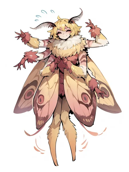 score_9, score_8_up, score_7_up, score_6_up, score_5_up, <lora:mothXLP:1> moth, 1girl, arthropod girl, monster girl, extra arms, wings, blonde hair, white background, antennae, simple background, closed eyes, full body, colored sclera, smile, flying sweatdrops,