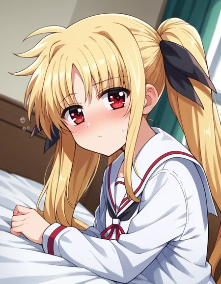 score_9, score_8_up, score_7_up, source_anime,
fatetestarossa, <lora:fate-testarossa-movie2-ponyxl-lora-nochekaiser:1>,
fate testarossa, long hair, blonde hair, red eyes, twintails, hair ribbon,
long sleeves, school uniform, serafuku, shirt, white shirt, white sailor collar,
indoors, bed, bed room, on side, blush, drunk,
looking at viewer, dutch angle, cowboy shot,