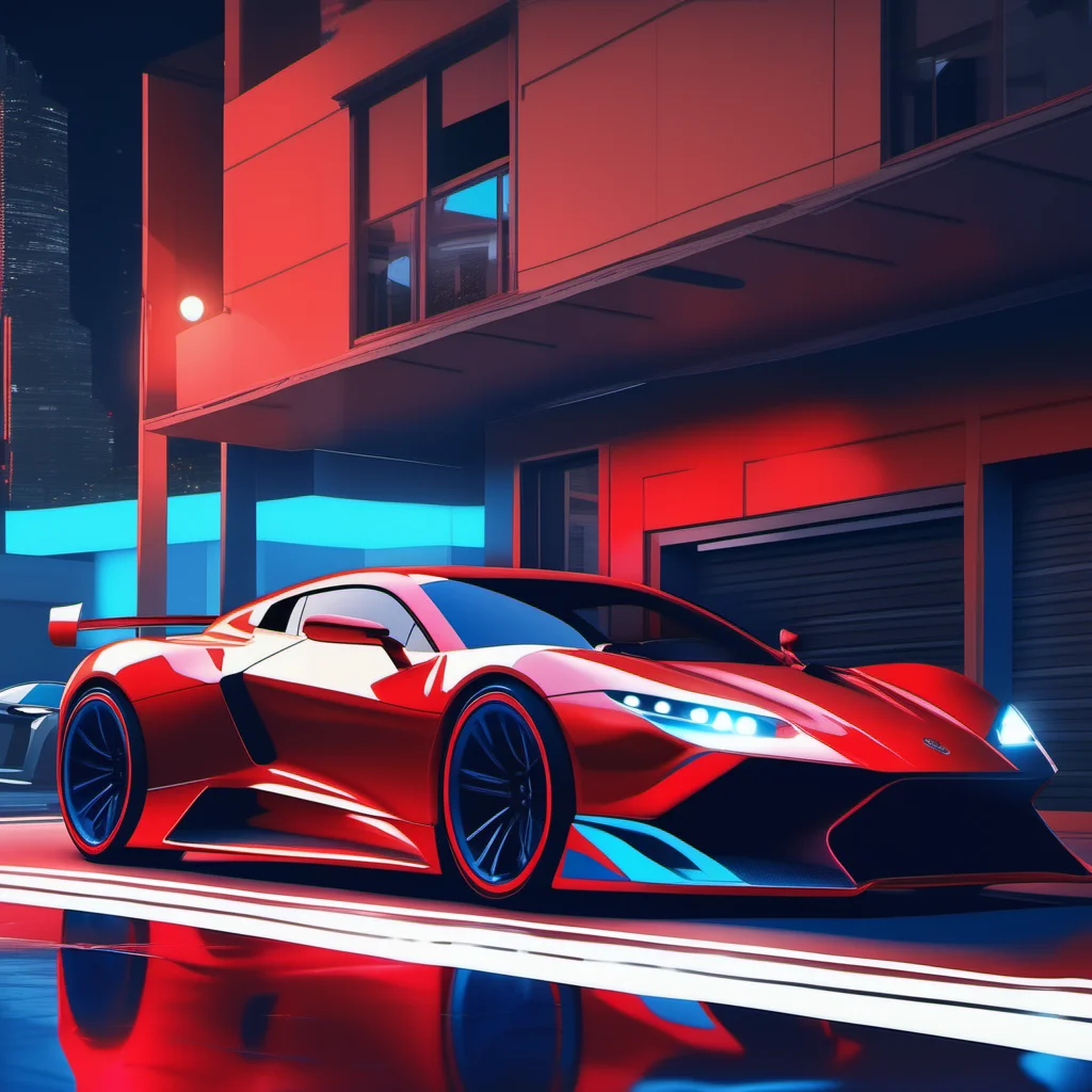 an image of a luxury sports car, red and blue, <lora:NeonifyV2-000002:0.75> nnfy neon realism