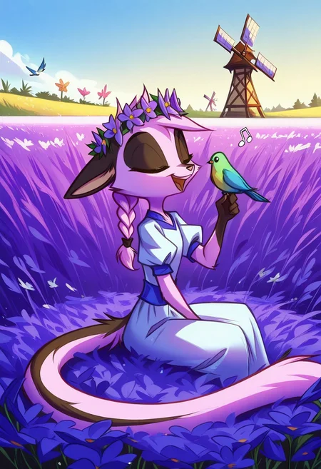 Dreamkeepers,1girl,Prelude_Vi,solo,furry,tail,source_furry,hazel eyes,
kid, child,
russian traditional dress , puffy sleeves , flower crown ,Hair Wreath , braided hair , twin braid , side braid , long hair , cheerful , happy , flower field , surreal , sunny , blue sky , flower ,closed eye , sitting , singing , music note , windmill faraway , bird , bird on hand ,
masterpiece, best quality ,amazing quality ,