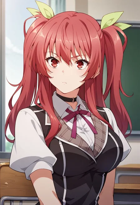 score_9, score_8_up, score_7_up, source_anime,stella vermillion, 1girl, solo, long hair, red eyes, ribbon, twintails, school uniform, hair ribbon, red hair, choker, two side up, classroom