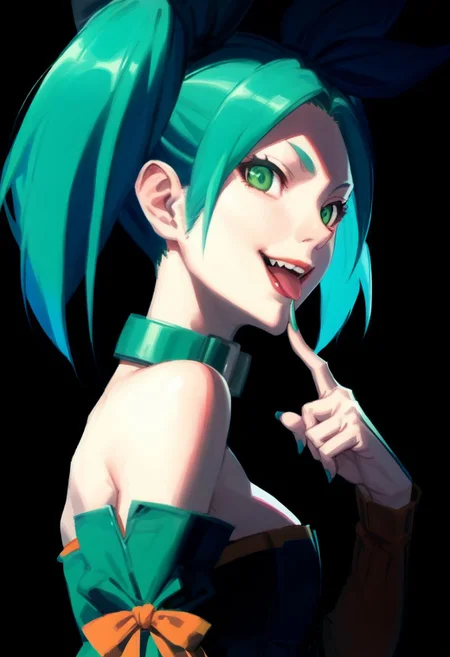 score_9,score_8_up,score_7_up,score_6_up, easynegative, SJ_Style, 1girl,twintails,green eyes,aqua hair,short hair, twintails, looking at viewer, bare shoulders, finger to mouth, detached sleeves, red lips, upper body, collar, aqua nails, choker, long hair, teeth, cleavage, bangs, from side, open mouth, strapless, grey background, tongue, simple background, nail polish, smile, fingernails, medium breasts, bow, epiCPhoto