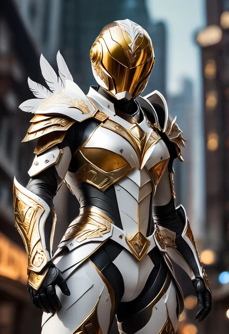 The White Ranger, helmet showcases an elegant design with a golden beak, silver feather patterns, and a deep amber-tinted visor. The armor includes a chest plate adorned with a gold filigree emblem, shaped pauldrons, segmented arm armor, and flexible pristine white fabric. Completing the ensemble are plated knee and shin guards, boots with feather designs, and a golden-hued belt buckle. cyberpunk art style, Shounen Anime Style, cyberpunk alien city background, full--body, highly--detailed, bokeh--focus, soft Analogous colors, extremely wide-angle, FastNegativeV2, <lora:fightingpose:0.7> squat, fighting pose, knee on ground,