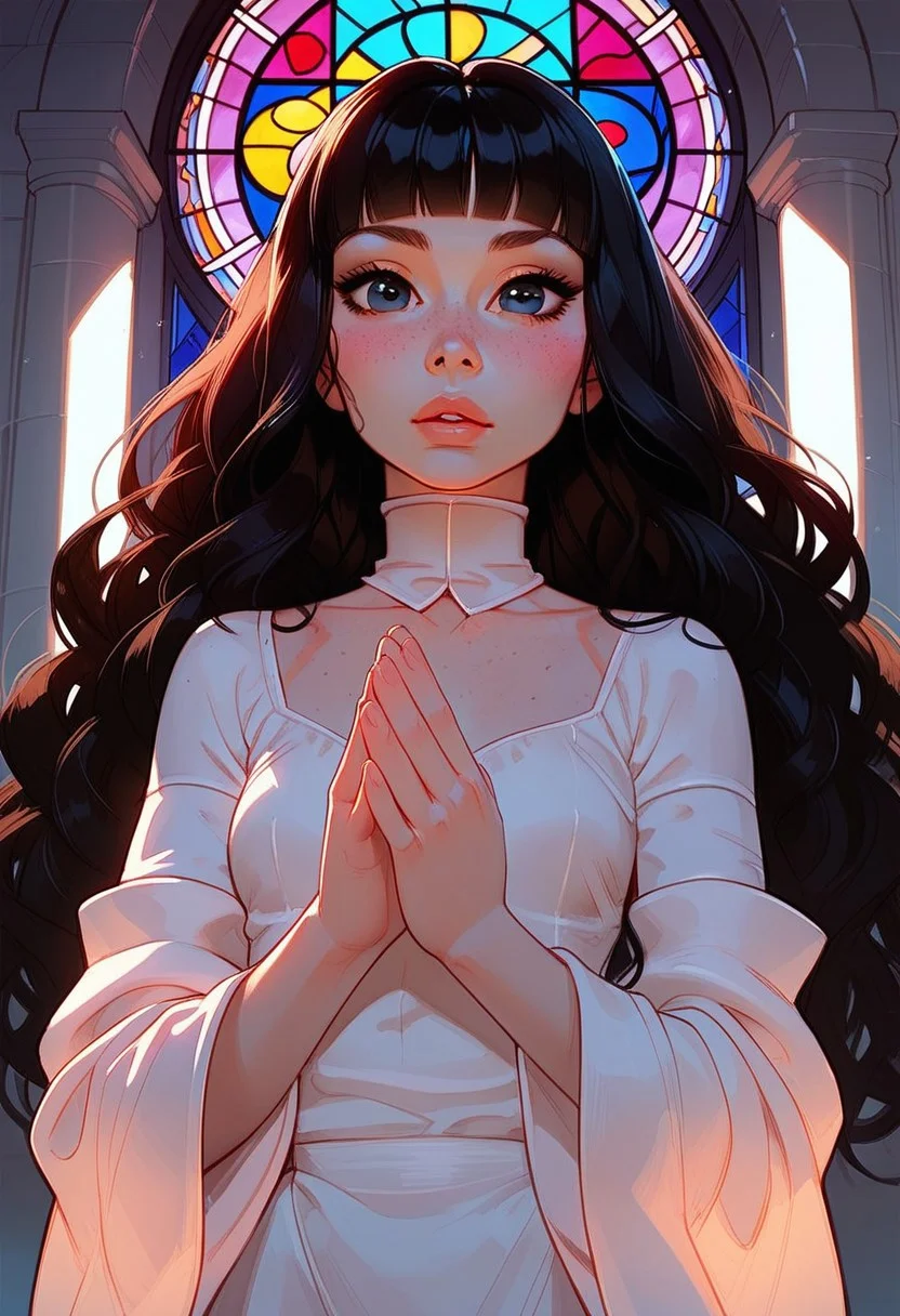 score_9, score_8_up, score_7_up, score_6_up,
Expressiveh, g0th1c,
1girl, black hair, wavy hair, long hair, hime cut, big eyes:1.8, black eyes,freckles :2.0, flat chest : 1.6, small breasts: 1.6, wide hips : 1.4, hourglass body type, pale skin soft lighting, holy atmosphere, church setting, stained glass, candles, stone walls, close up, dynamic pose, praying ,looking at viewer,
