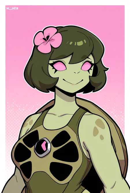 <lora:terraspin-06:1> terraspin, pokemon (creature), solo, no humans, closed mouth, short hair, bob cut, dark green hair, smile, 1girl, pink eyes, green skin, shell, turtle, turtle shell, , pink background,  <lora:welwraith-guy90-Illust-Lycorisv1:1> welith, curvy, busty,  no neck. flippers, no pupils, flower in hair,  short neck, no visible neck,  pink flower,, masterpiece, best quality, amazing quality, very aesthetic, absurdres, newest,, upper body, halftone effect, white borders, abstract background:1.2,
