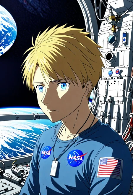 high resolution, solo, best quality, 1Boy, Yamato Ishida, Blond Hair, Blue Eyes, Necklace, documentary, Rocket Engineer, Nasa, OverallDetail