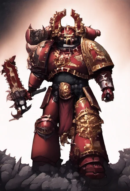Score_9_up, absurdres, Source: GamesWorkshop, best quality, expressive eyes, perfect face, space marine, World Eaters Traitor Astartes Chapter Exalted Eightbound Berserker holding a chainsword, red armor, spiked horned astartes helmet, full body, volumetric lighting project unreal engine, mantisdetailerse, <lora:warhammerAdeptus_v1:0.7>,