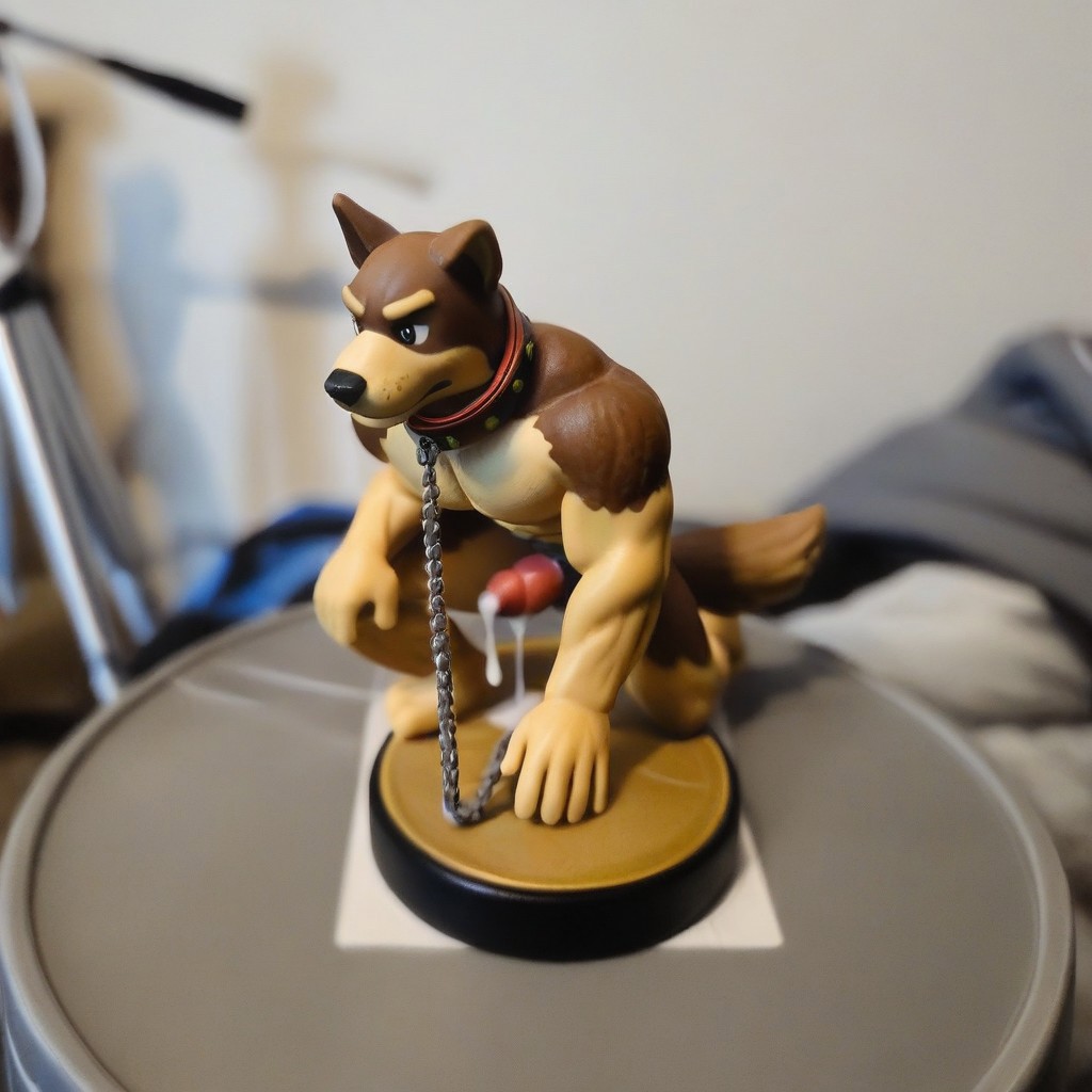 Amiibo, figure, dog, erection, penis, k9 penis, cum drip, on all fours, round circular stand, muscular, bara, detailed figure, dog boy, hand on floor, hand on penis, spread legs, dog collar, chain leash