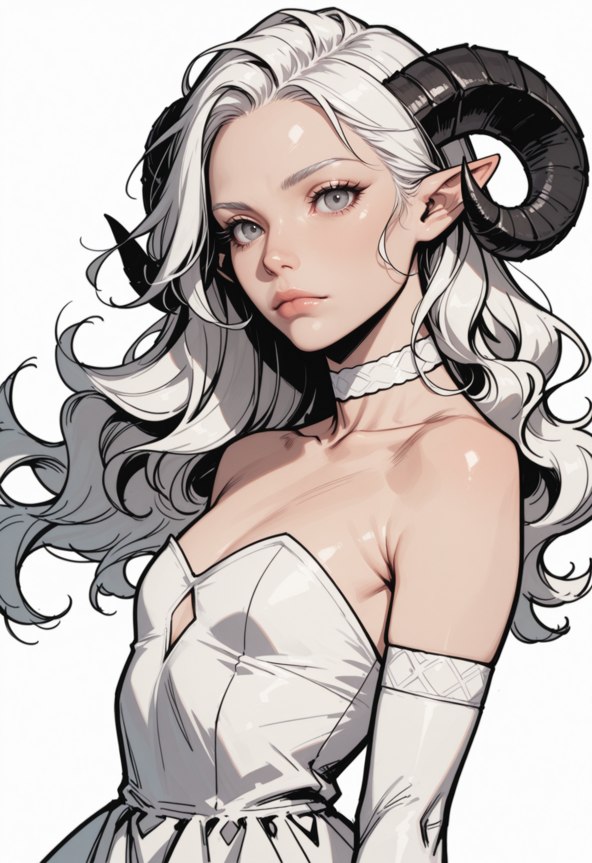 horns, solo, 1girl, looking at viewer, long hair, upper body, grey eyes, simple background, bare shoulders, white background, choker, sheep horns, white hair, detached sleeves, lips, from side, wavy hair, pointy ears, strapless, small breasts, dress, closed mouth, curled horns, white dress, breasts, white choker, gloves, elbow gloves, strapless dress, flat chest, white hair, eyelashes, collarbone, from_side,
 <lora:commixmixL:1>, masterpiece, best quality, dynamic lighting , dynamic pose,, dynamic angle, (), detailed>, depth of field, dynamic lighting, blurry,  aged up, (), adult, 
, lips,