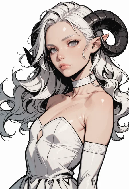 horns, solo, 1girl, looking at viewer, long hair, upper body, grey eyes, simple background, bare shoulders, white background, choker, sheep horns, white hair, detached sleeves, lips, from side, wavy hair, pointy ears, strapless, small breasts, dress, closed mouth, curled horns, white dress, breasts, white choker, gloves, elbow gloves, strapless dress, flat chest, white hair, eyelashes, collarbone, from_side,
<lora:commixmixL:1>, masterpiece, best quality, dynamic lighting , dynamic pose,, dynamic angle, (), detailed>, depth of field, dynamic lighting, blurry, aged up, (), adult,
, lips,