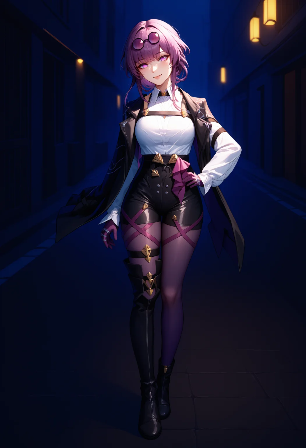 score_9, score_8_up, score_7_up, source_anime, 1girl, kafka, purple eyes, bangs, eyewear on head, collared white shirt, long sleeves, jacket on shoulders, black jacket, black shorts, purple gloves, pantyhose under shorts, criss-cross straps, thigh strap, purple pantyhose, thigh boots, asymmetrical legwear, <lora:Kafka_XLPD:1>, full body, seductive smile, hand on own hip, street,