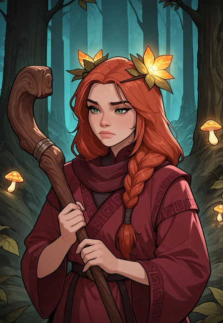 score_9, score_8_up, score_7_up, 1girl, solo, mystical druid, flowing robes with nature-inspired patterns and earthy tones, ancient wooden staff with carved runes and a glowing crystal at the top, long braided auburn hair adorned with flowers and leaves, realistic, cinematic angle, cinematic lighting, graceful body, wise face, deep green eyes, meditative pose
BREAK
standing in a sacred grove surrounded by ancient trees
BREAK
source_fantasy_art, rating_explicit, expressive, full body, elegant pose
BREAK
detailed beautiful background, enchanted forest with towering ancient trees and lush undergrowth, glowing mushrooms and luminescent plants, mystical creatures such as fairies and woodland spirits, distant mountains with waterfalls, serene atmosphere with a sense of harmony and magic
<lora:Expressive_H:0.6>Expressiveh, (SimplepositiveXLv1:1.3), (upper body, full clothed:1.85) ((masterpiece)) (ultra realistic, 32k, masterpiece:1.2), (high detailed skin:1.1), (high quality:1.1) (((full clothed))) <lora:DandonFuga_Style_v.2_-_Pony:0.8> 
<lora:add-detail-xl:1> 
<lora:Dynamic Poses:1>