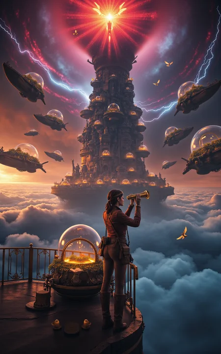 A vivid steampunk scene above the clouds in the floating city of Ishtar,centered on a female watcher with a mechanical arm and an old pilot suit,standing atop a colossal gear tower. She peers into a thunderstorm with a brass telescope. Behind her,flying whale-shaped airships carry glass domes filled with ancient plants,circling the glowing mechanical heart that powers the city. The background glows with crimson light from steam vents and rotating gear circuits,while electric arcs dance across a storm beast shaped like a dragon. Feathered mechanical doves dart through the clouds carrying scrolls. A mechanical angel with golden wings awakens in the misty distance. (vivid style, cinematic lighting, wide angle, high detail),
<lora:detailifier_sd3.5:1>,detailifier,<lora:aidmaMJ6.1_v0.5_3:0.5>,aidmaMJ6.1,