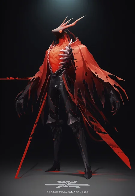 knight(((Blood Devil))(stunning, magnificent, HD, photorealistic, dramatic lighting, intricate details, armor beautiful patterns, realistic , mythical, legendary, powerful, cinematic,, masterpiece, perfect anatomy, perfect composition, perfect hand,), , (((glowing red core on armor))), armor highly detailed patterns on armor), torn cloak , full body fits into the image, full body visible, ), claws, gauntlet, digital illustration of a futuristic, armored humanoid figure. The subject is dressed in a highly detailed, dark, and bulky exosuit with intricate mechanical components and white accents. The suit features various textures and layers, including a cloak-like garment with angular, geometric shapes. The figure's head is adorned with a helmet that has two antenna-like protrusions and a visor, giving it a robotic appearance. The suit has several logos and text in white, including a prominent circular emblem on the chest and arm. The overall design is sleek and modern, with a strong emphasis on technology and advanced, ,(((huge arms with cylinders mechanical components)))Power