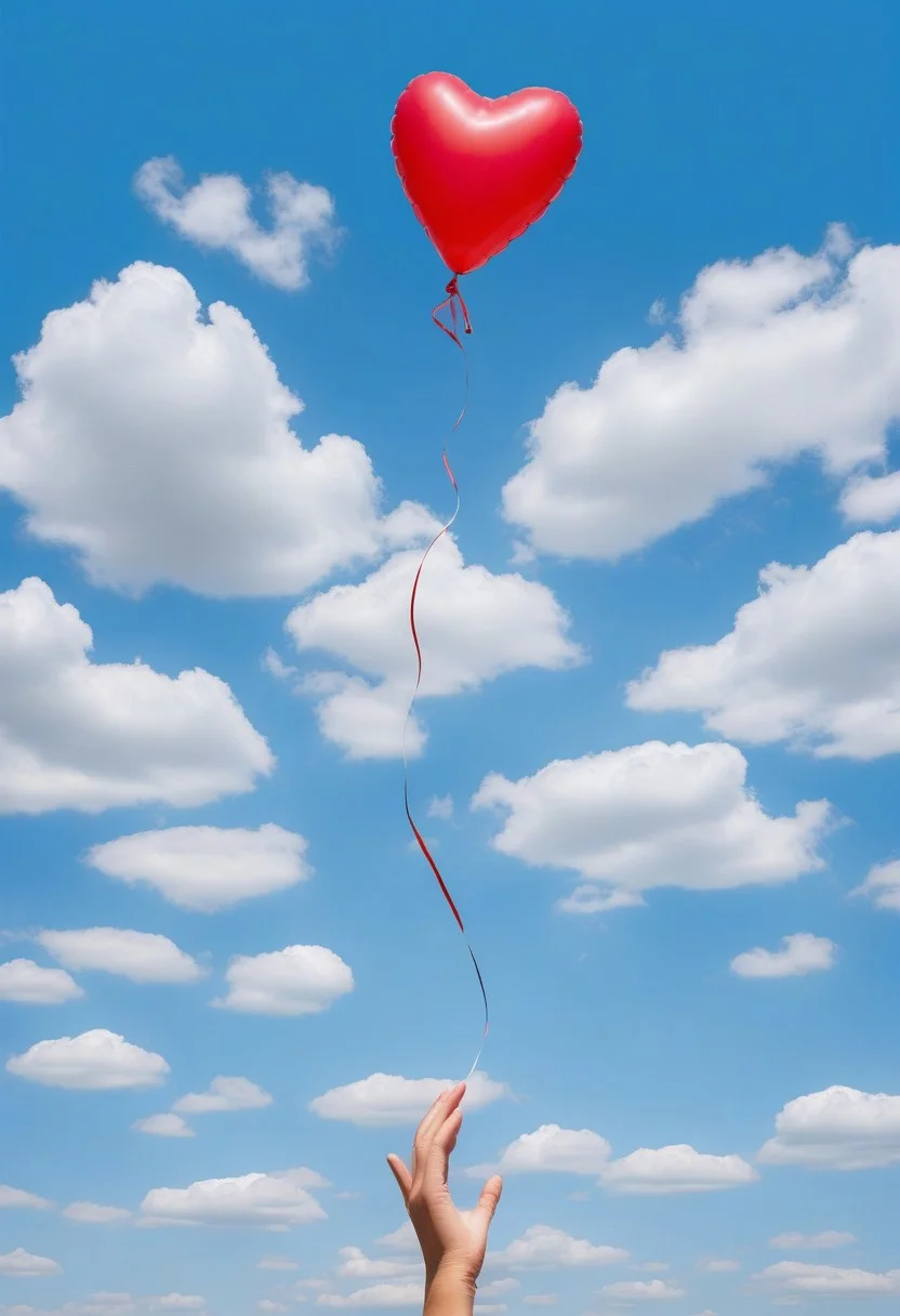 a Heart-shaped balloons, outstretched arm, blue sky, cloud,