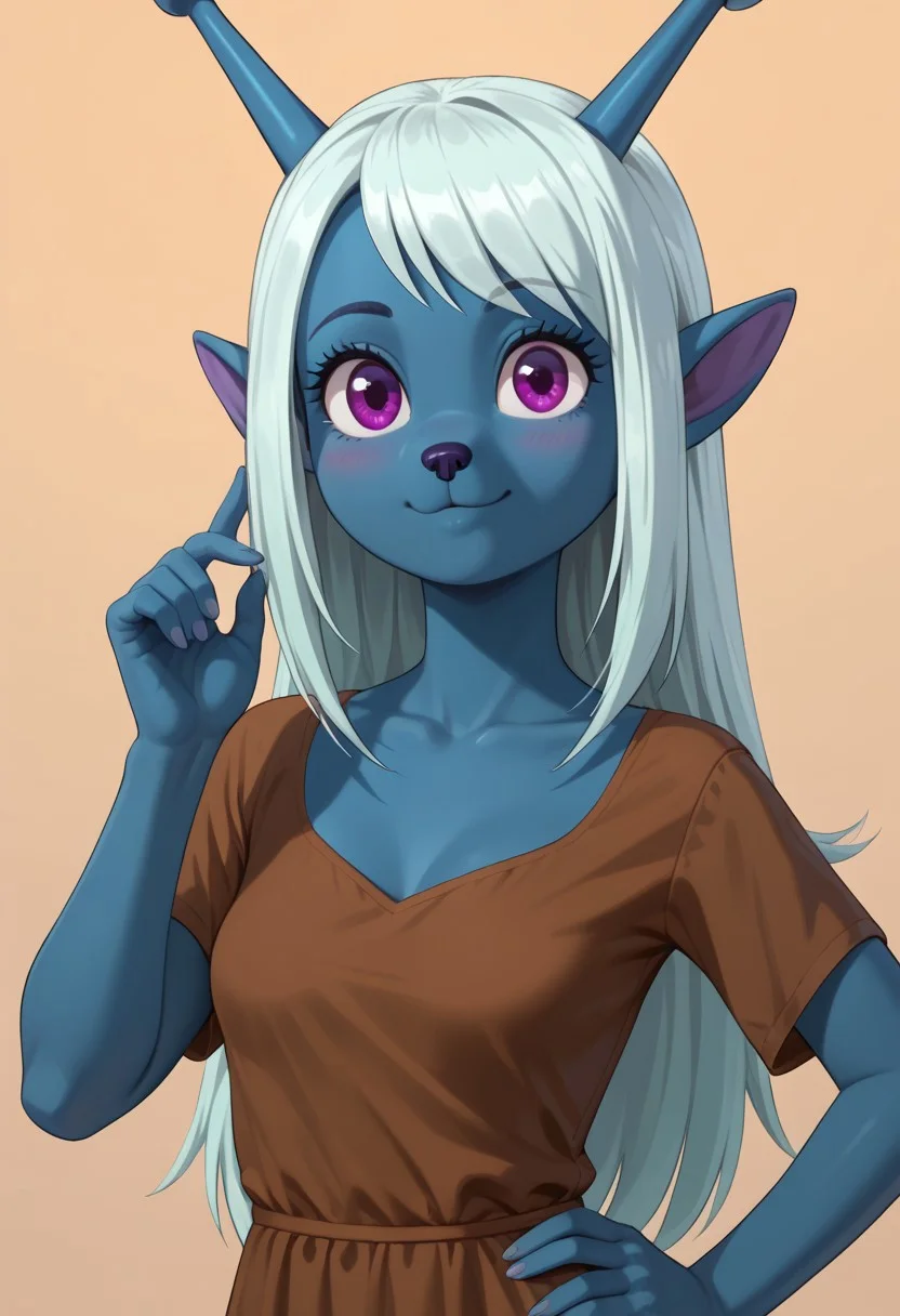 ((bedroom background)),score_9, score_8_up, score_7_up,score_6_up,
1girl, solo, furry, Emojialien_SJ, milf, steel blue skin, purple eyes, light cyan hair, long straight hair, pointy ears, small black nose, two steel blue antennae with rounded tips on her head, brown dress, barefoot, big eyes, tall stature, social smile, perfect eyes, perfect smile, looking at the viewer, small breasts, detailed eyes, perfect eyes, standing, (front pose, bust shot, close up to face, face portrait:1) 5 fingers, perfect hands, hand on hips, hand up