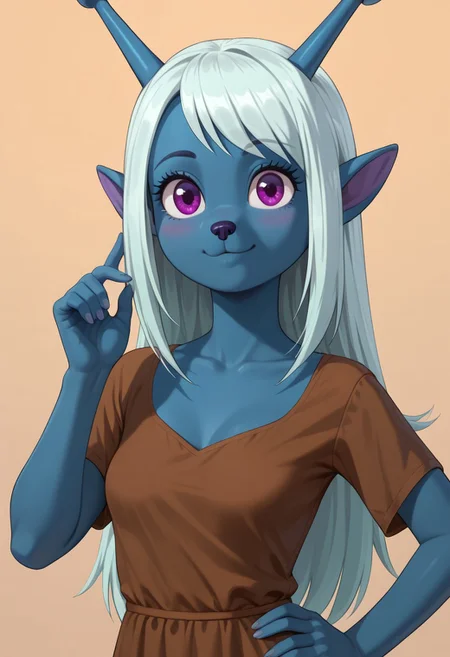 ((bedroom background)),score_9, score_8_up, score_7_up,score_6_up,
1girl, solo, furry, Emojialien_SJ, milf, steel blue skin, purple eyes, light cyan hair, long straight hair, pointy ears, small black nose, two steel blue antennae with rounded tips on her head, brown dress, barefoot, big eyes, tall stature, social smile, perfect eyes, perfect smile, looking at the viewer, small breasts, detailed eyes, perfect eyes, standing, (front pose, bust shot, close up to face, face portrait:1) 5 fingers, perfect hands, hand on hips, hand up