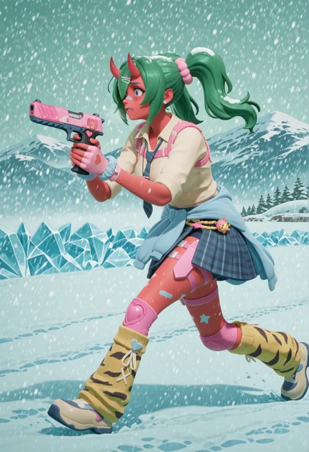 arikuigames1105, high quality, masterpiece, intricate details, absuredres, (full body, snowstorm, fog, running, scared, frozen hill, snowy island, mountain, snowing, scared, stressed, panic, side view, holding handgun:1.4), fortnite_nemia, 1girl, solo, green hair, twintails, ponytail, long hair, bangs, hair between eyes, hair over one eye, ears, horns, oni horns, single horn, red skin, pink skin, blue eyes, parted lips, bandaid, bandaid on nose, bandaid on thighs, breasts, shirt, school uniform, necktie, plaid skirt, thighhighs, socks, loose socks, boots, jewelry, earrings, bracelet, charm, belt, gloves, fingerless gloves, knee pads, leg warmers, collarbone, solo, colored skin, hair ornament, hairclip, scrunchie, holster, striped necktie, clothes around waist, oni, plaid, charm (object), blue necktie, sweater around waist, animal print, heart, shoes, star (symbol), thigh holster,  <lora:Fortnite_Nemia_Demonically_Cute_Set_ILXL_E41_16_DIM:0.8>, <lora:dmd2_sdxl_4step_lora:1>, <lora:Arikuigames1105IllustriousV1:1.1>