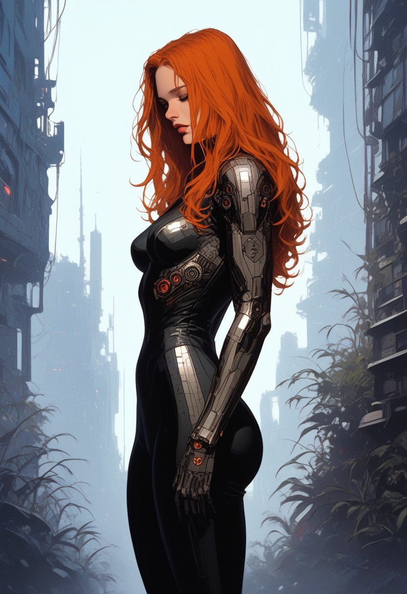 Stunning 25yo Woman, model bombshell, beautiful, sensual, luxurious elegant long hair, ginger hair,
tight thin suit, Jedi suit, standing, medium breasts,
thick thighs, thick ass,
neon, futuristic, fantasy,
posing on a futuristic city, summer, sinozick style, g4n1m3, boris valejjo,