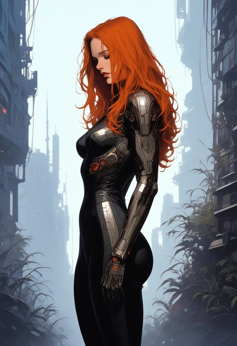 Stunning 25yo Woman, model bombshell, beautiful, sensual, luxurious elegant long hair, ginger hair,
tight thin suit, Jedi suit, standing, medium breasts,
thick thighs, thick ass,
neon, futuristic, fantasy,
posing on a futuristic city, summer, sinozick style, g4n1m3, boris valejjo,
