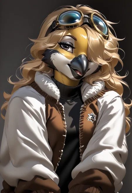 score_9, score_8_up, score_7_up, (by zummeng:1.5), (by jailbird:1.5), (by kittydee:1.5), masterpiece, best quality, (solo),
(Furry Art: great tit:1.5), expressive eyes, feminine eyes, <lora:beautiful_detailed_eyes:1>, perfect face, feminine face, feminine body, black beak, multicolored body, yellow body, black colored down middle of body, black head, white cheeks, (blonde hair:1.5), (long hair), (one eye covered by hair), small breasts, (bomber jacket:1.5), (t-shirt:1), (googles),