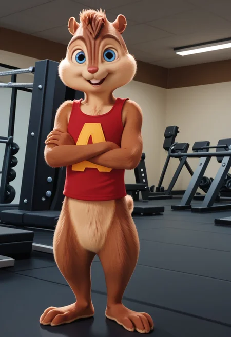 Score_9, score_8_up, score_7_up, source_furry, Alvin Seville, chipmunk, chipmunk male, furry male, furry, 3d, render, movie screencap, blue eyes, toned body, toned arms, toned legs and thighs, red tank top, barefoot, gym, machines, smiling, crossed arms, looking at viewer, <lora:Alvin _Seville __Alvin_and_the_Chipmunks__CG_Movie_version:0.8>