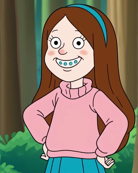 1girl, solo, hhs1, blush, child, brown hair, hairband, long hair, happy, looking at viewer, pink sweater, hand on hip, skirt, braces, in the forest, <lora:Mabel_Pines_-_Gravity_Falls:0.8>, <lora:hhs1-000009:1.1>,