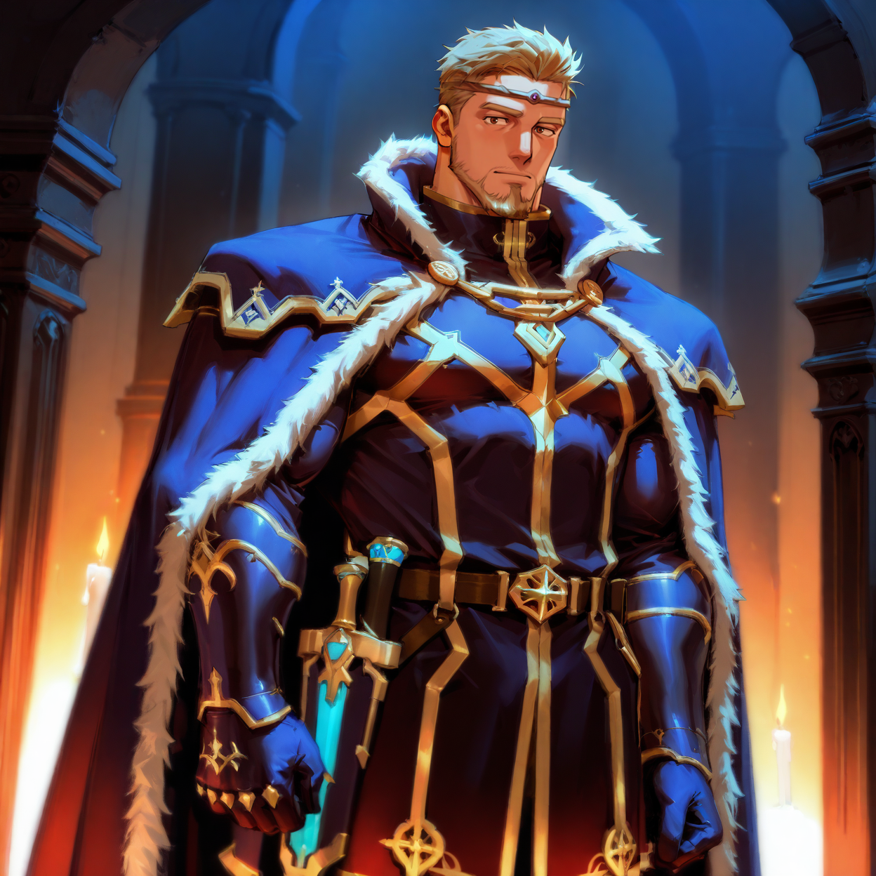 <lora:Ephezial_IL:.7>, Zephiel, blonde hair, facial hair, circlet, cape
(very short hair, beard, bara, mature, facial hair, stubble, beard, full beard, sideburn, beard, a lot of beard, ), facial hair,male focus, muscular male, muscular male, bara, mature,  bara, mature, dutch angle,
aixiwuganda_(20222192), very awa, masterpiece, best quality, absurdres, newest, perfect quality, detailed background, intricate details,
<lora:slider_Body Type_alpha1.0_rank4_noxattn_last:2><lora:style_Anime Summer Days 2 Style SDXL_LoRA_Pony Diffusion V6 XL:.6><lora:slider_cfg_scale_boost:.7><lora:face_Artist6p-10:.55>, Artist6p, Artist04p,<lora:slider_il_brightness_slider_d1:-1><lora:slider_il_contrast_slider_d1:-1><lora:slider_DarkSlider1.2_alpha1.0_rank16_full_300steps:-.6><lora:slider_Detailer_NoobAI_Incrs_v1:1> detailed,