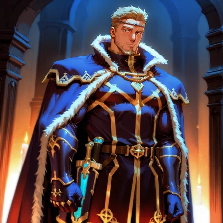 <lora:Ephezial_IL:.7>, Zephiel, blonde hair, facial hair, circlet, cape
(very short hair, beard, bara, mature, facial hair, stubble, beard, full beard, sideburn, beard, a lot of beard, ), facial hair,male focus, muscular male, muscular male, bara, mature,  bara, mature, dutch angle,
aixiwuganda_(20222192), very awa, masterpiece, best quality, absurdres, newest, perfect quality, detailed background, intricate details,
<lora:slider_Body Type_alpha1.0_rank4_noxattn_last:2><lora:style_Anime Summer Days 2 Style SDXL_LoRA_Pony Diffusion V6 XL:.6><lora:slider_cfg_scale_boost:.7><lora:face_Artist6p-10:.55>, Artist6p, Artist04p,<lora:slider_il_brightness_slider_d1:-1><lora:slider_il_contrast_slider_d1:-1><lora:slider_DarkSlider1.2_alpha1.0_rank16_full_300steps:-.6><lora:slider_Detailer_NoobAI_Incrs_v1:1> detailed,