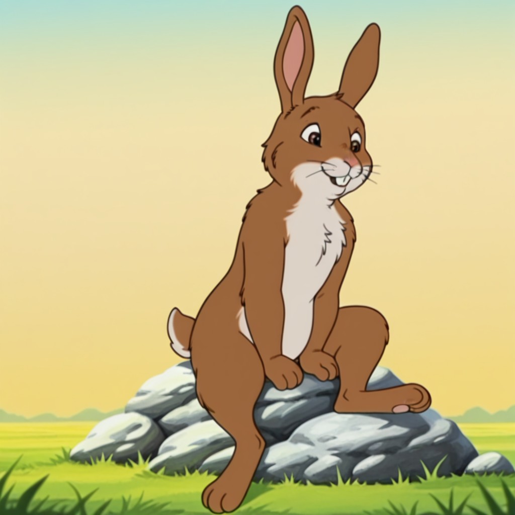masterpiece, best quality, amazing quality, Rabbitfrnklnilv2, semi-anthro, male Rabbit, brown eyes, brown fur, buck teeth, whiskers, sitting, on a rock, in a field,, <lora:8393747a-2d1f-4938-ba0b-f45b4c6cec25:1.0>