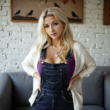 vintage photography of Blondy_V01_XL, solo, blonde hair, long hair, realistic, 1girl, dressed in black jacket, purple shirt, denim overalls, white hair accessory, cream cardigan, simple necklace, white brick wall, soft shadows, neutral tones, standing straight, hands on hips, direct gaze, centered subject, natural lighting, eye-level angle, in the heart of a quantum singularity Double Complementary (Tetradic) color palette, depth of field, vivid colors, (birds eye view:1.3), shot on Leica M10 with LEICA 35mm f-2 SUMMICRON-M ASPH, photo by Tina Barney,