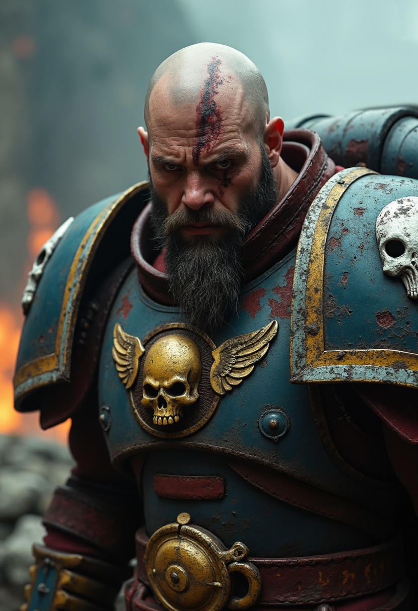 photograph, cinematic, rim light, high details, skin pores, sweat, scar,
(wide angle shot),
(giant warrior, angry face, square jaw, holding a huge sword), 
(Warhammer 40000, Ultramarine, Space Marine armor, white skull on shoulder pads,  scar on face bald one blind eye, beard, red cape, gold skull with wings on chest:1.2), 
rust on metal, impacts on armor, holes in armor, leather, bolts, sweat, blood splash, leather belt,
(rocky battle background, smoke, fire, stone ruins, storm, raining),