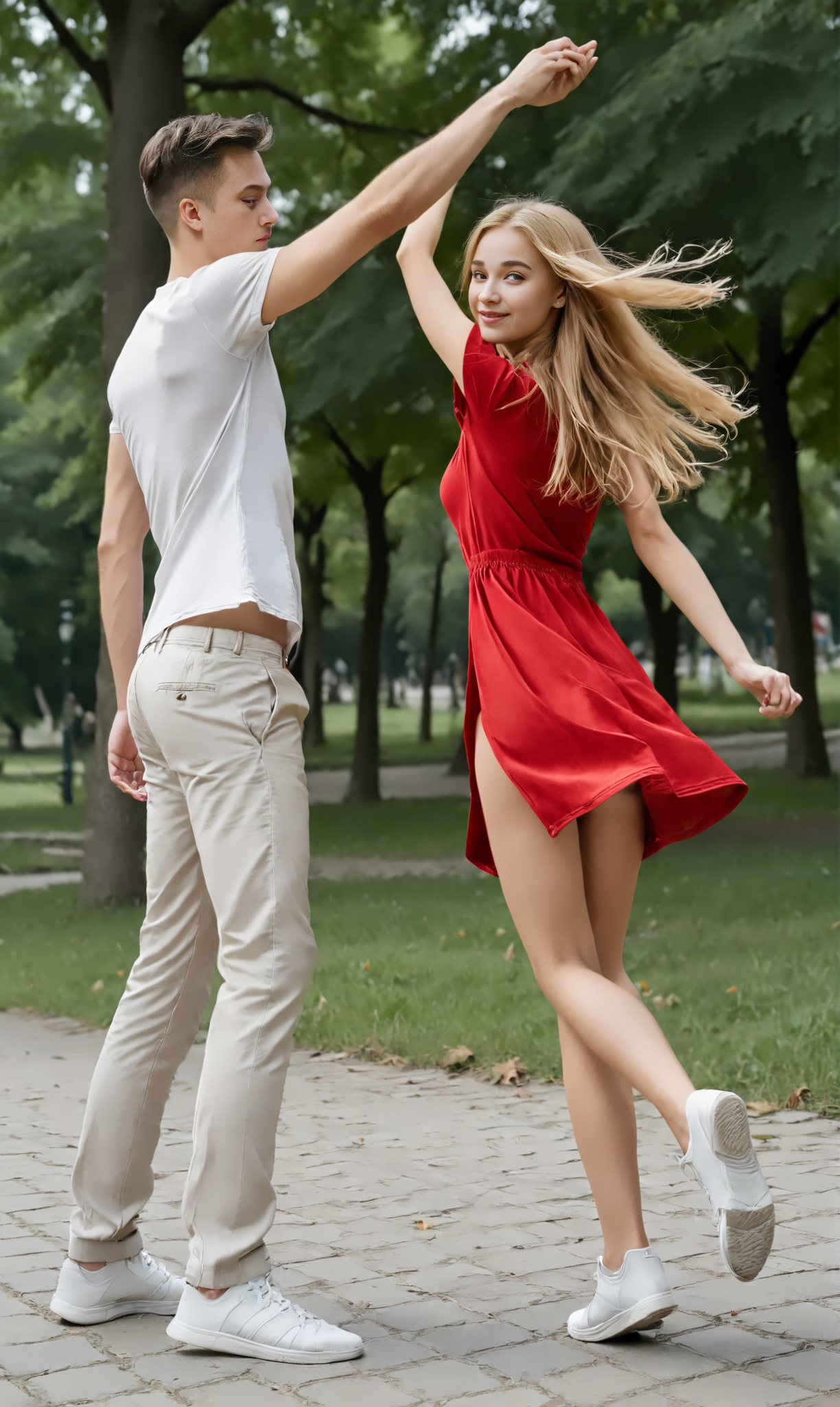 DanWiTu, (slim girl) and a man dancing in park. The girl wears red dress. The man wears long trousers and shirt. The girl has long blonde hair    <lora:DanceWithTurn:1>