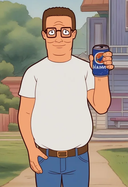 score_9, score_7_up BREAK male focus, hankhillpd, mature male, glasses, brown hair, white t-shirt, jeans, belt, holding can, outdoors, black eyes, light smile, looking at viewer <lora:hankhill_pd:0.8>