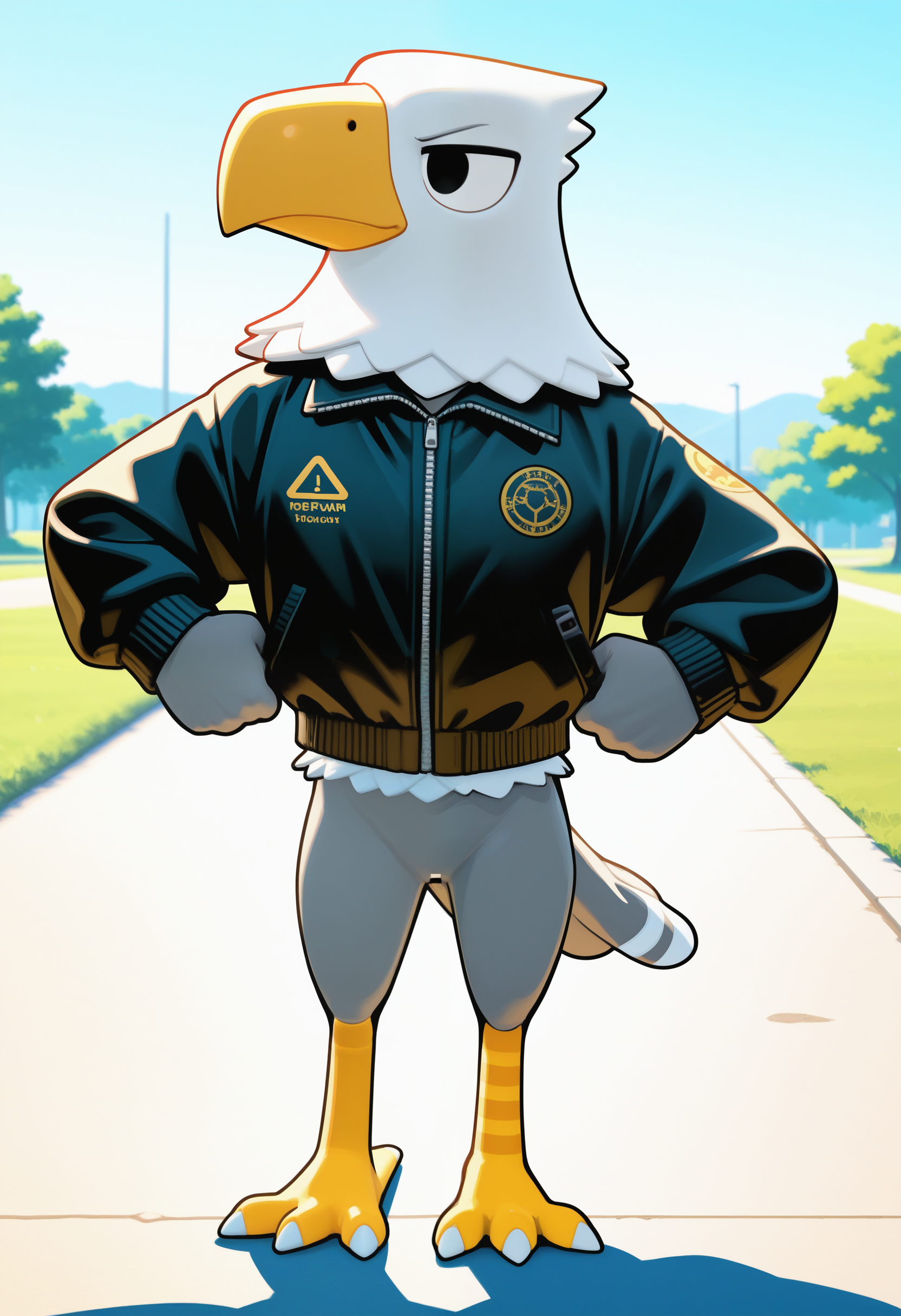 masterpiece,best quality, amazing quality, 1boy, solo, ap0ll0, furry male, bird boy, black eyes, grey fur, white fur,  black jacket, close up, outdoors, full body, bottomless, pose,
