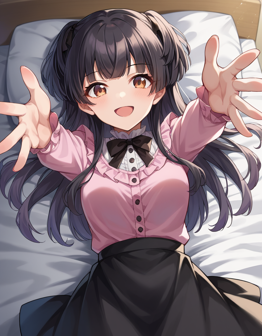 score_9, score_8_up, score_7_up, source_anime,
fuyukomayuzumi, <lora:fuyuko-mayuzumi-ponyxl-lora-nochekaiser:1>,
fuyuko mayuzumi, black hair, brown eyes, long hair, two side up, smile,
black bow, black bowtie, black ribbon, black skirt, bow, bowtie, frilled shirt, frills, jirai kei, long sleeves, neck ribbon, pink shirt, ribbon, shirt, skirt, white shirt,
indoors, bed, bed room, on back, arm support, arms up, incoming hug, pov, reaching, reaching towards viewer,
looking at viewer, dutch angle, cowboy shot,