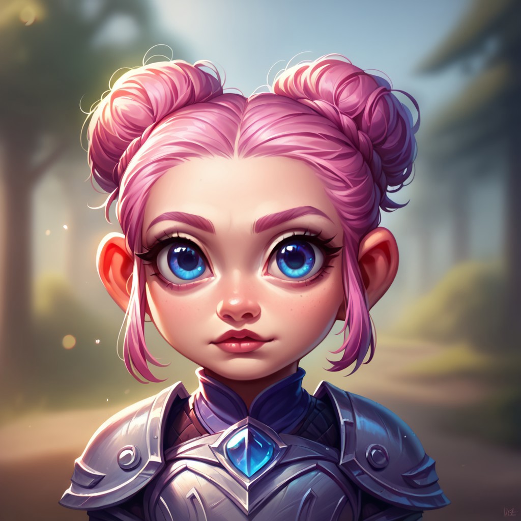 (((detailed, beautiful, high quality))), score_9, score_8_up, score_7_up, upper body, 
Gnome, short stature, shortstack, big eyes, big ears,
1 girl, pink hair, bun hairstyle , blue eyes, silver armor,
looking at the viewer, posing, 
blurred background, fantasy background, rustic background,