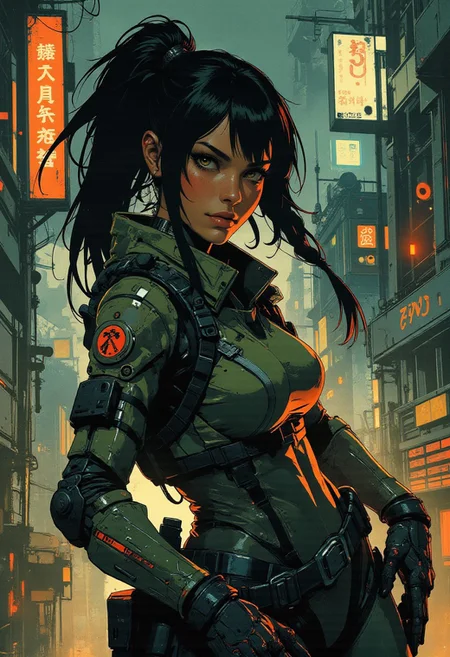 magnificent, closeup portrait, female bounty hunter, braided black hair, futuristic armor, battlesuit, mechanical armor, sleek armor, sexy, curvy, large breasts, large ass, aiming an assault rifle, assault rifle, aiming rifle, holstered pistol, Cyberpunk City, Neon Lights, foreshortening,
solo,
Cowboy Shot, close up, from above,