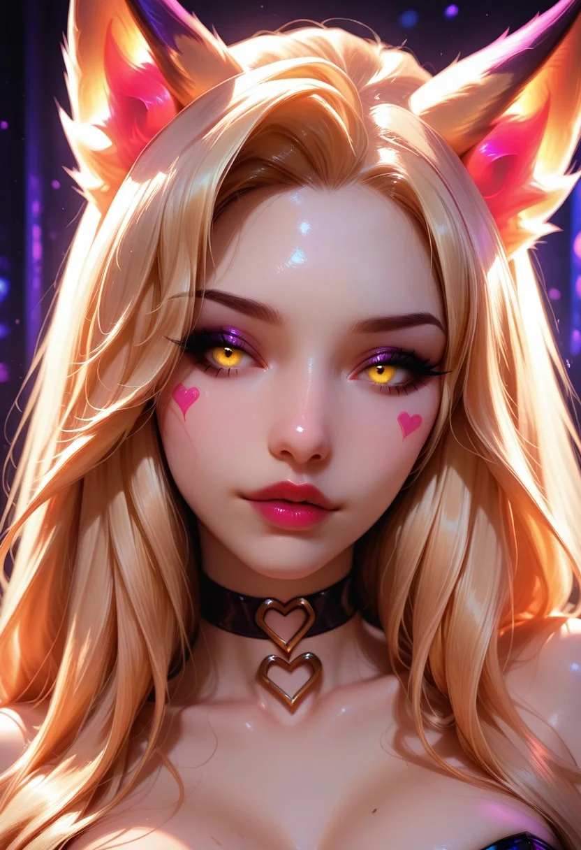 Realistic photo, best quality, (realistic: 1.4), (masterpiece: 1.4), vivid colors, absurdres, artist:moriimee,
BREAK 1girl, solo,
kdaahriil, long blonde hair, yellow eyes, fox ears, k/da (league of legends), heart choker,