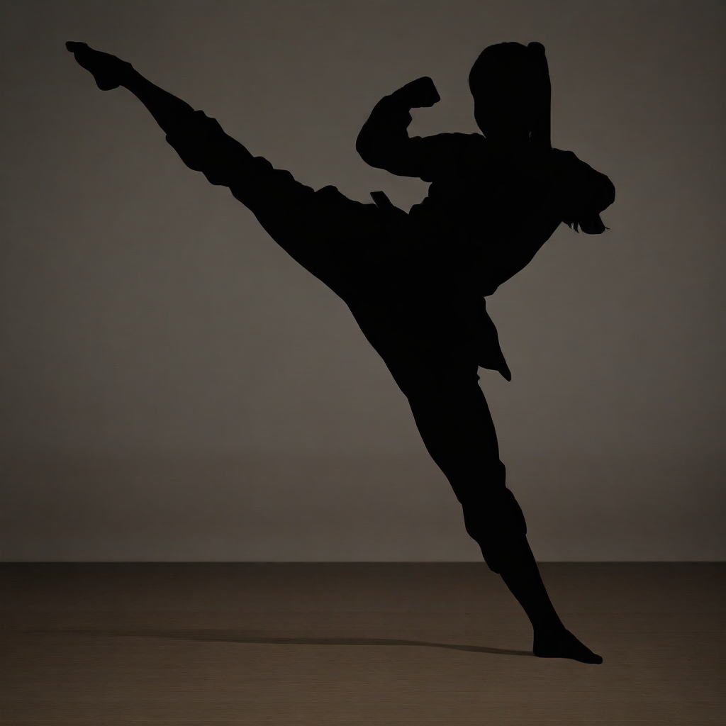 fighting stance, dynamic pose, high quality, flying high kick, dark, black shadow, fine lines, silhouette, action